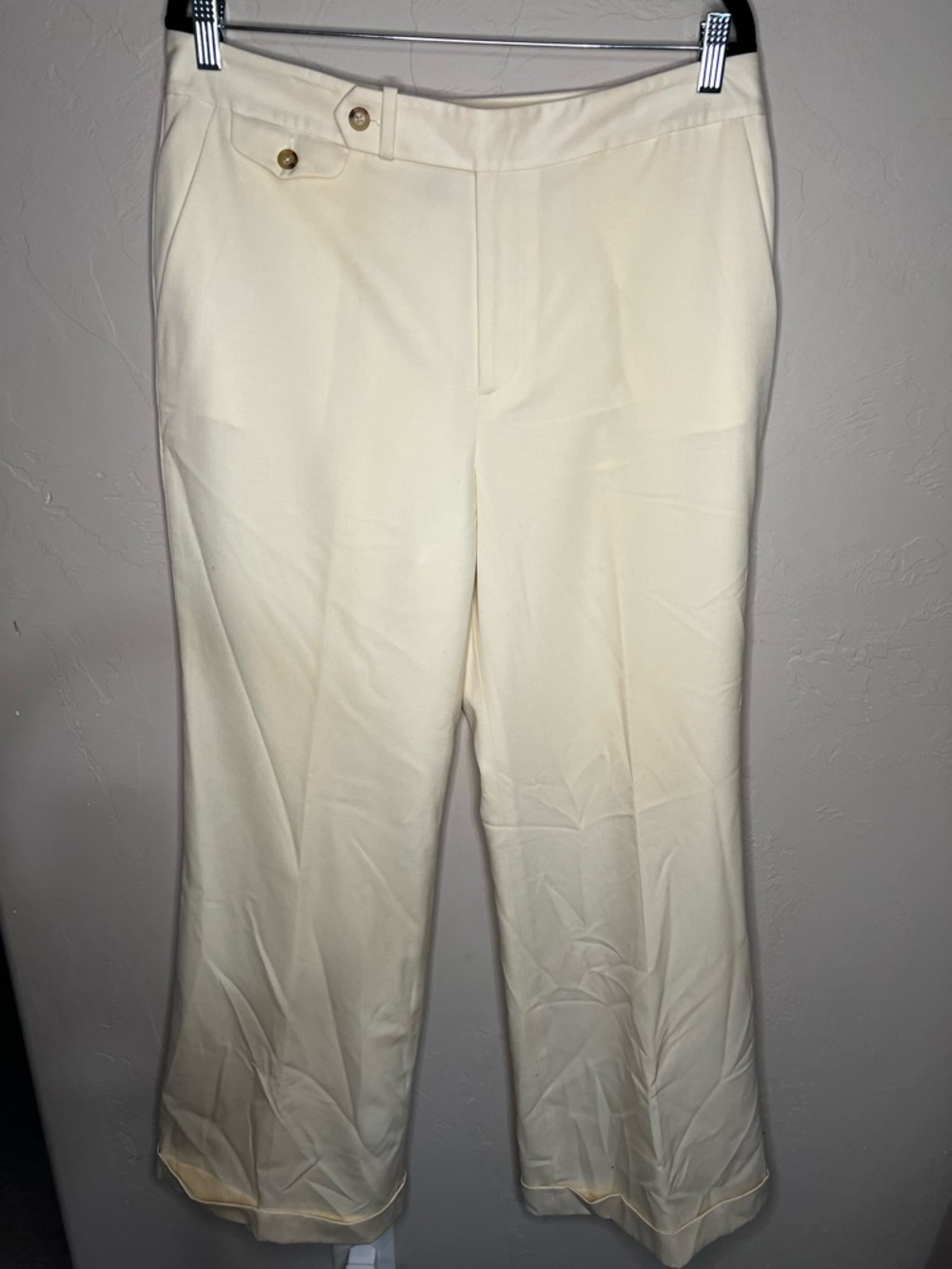 Lauren Ralph Lauren Cream Wide Leg High Rise Cuffed Wool Trouser Pants - Picture 2 of 10